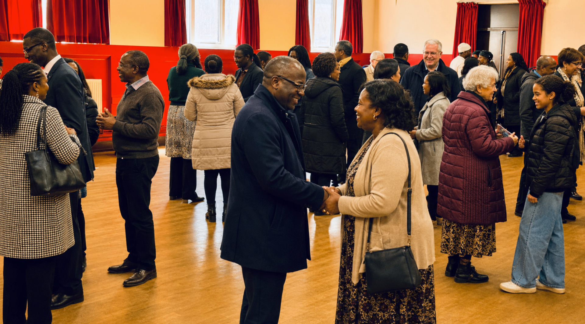 Church members in joyful fellowship after service