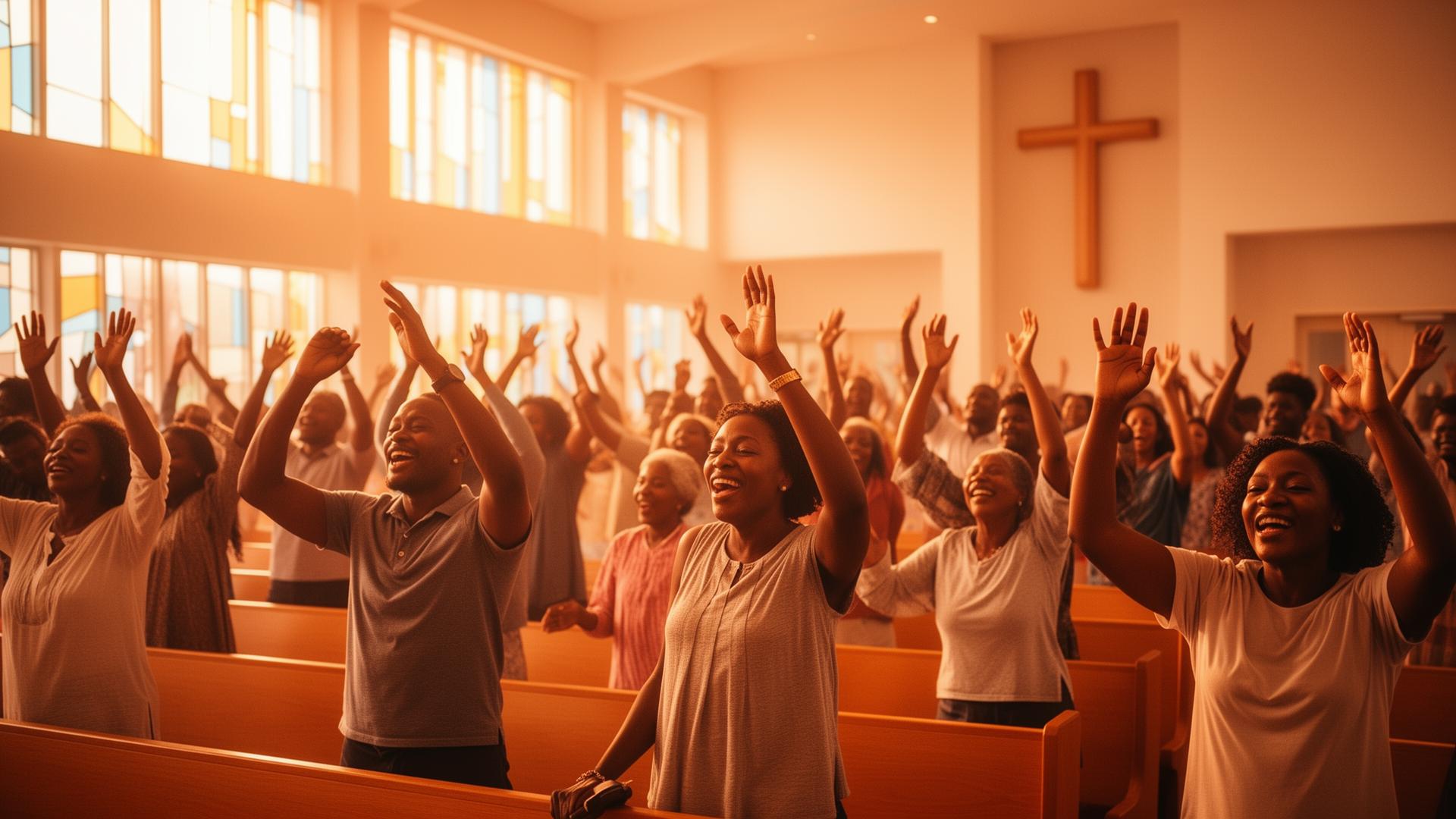 Resurrection Chapel congregation worshipping with hands raised